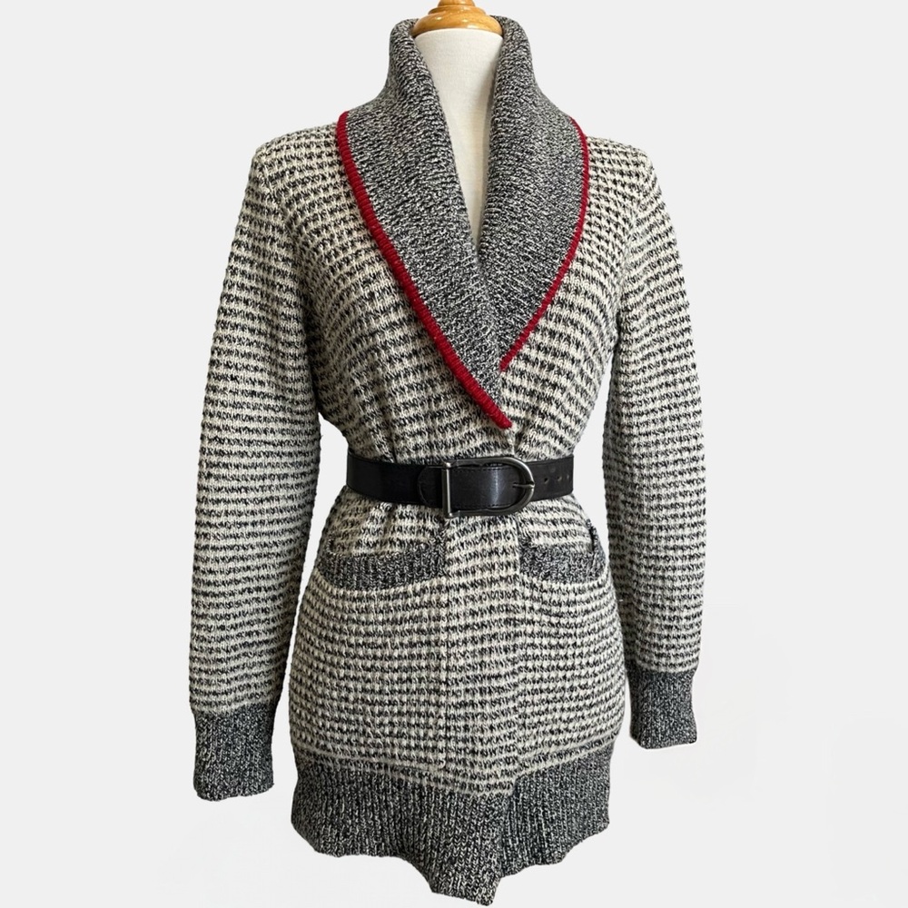 Roots Wool Blend Shawl Collar Cardigan — Small Marled Knit Red Trim Longline